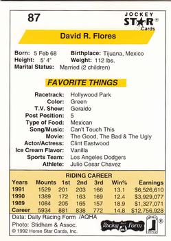 1992 Jockey Star #87 David Flores Back